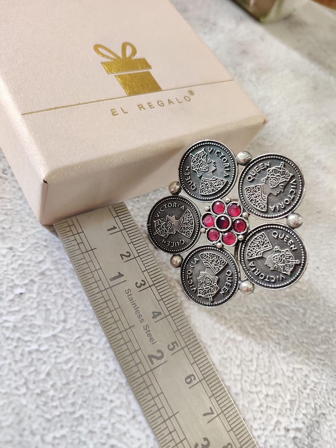 El Regalo Big Coin Flower Oxidized Finger Ring- Designer Victorian Cocktail Coins Adjustable Finger Ring for Girls & Women (Red)