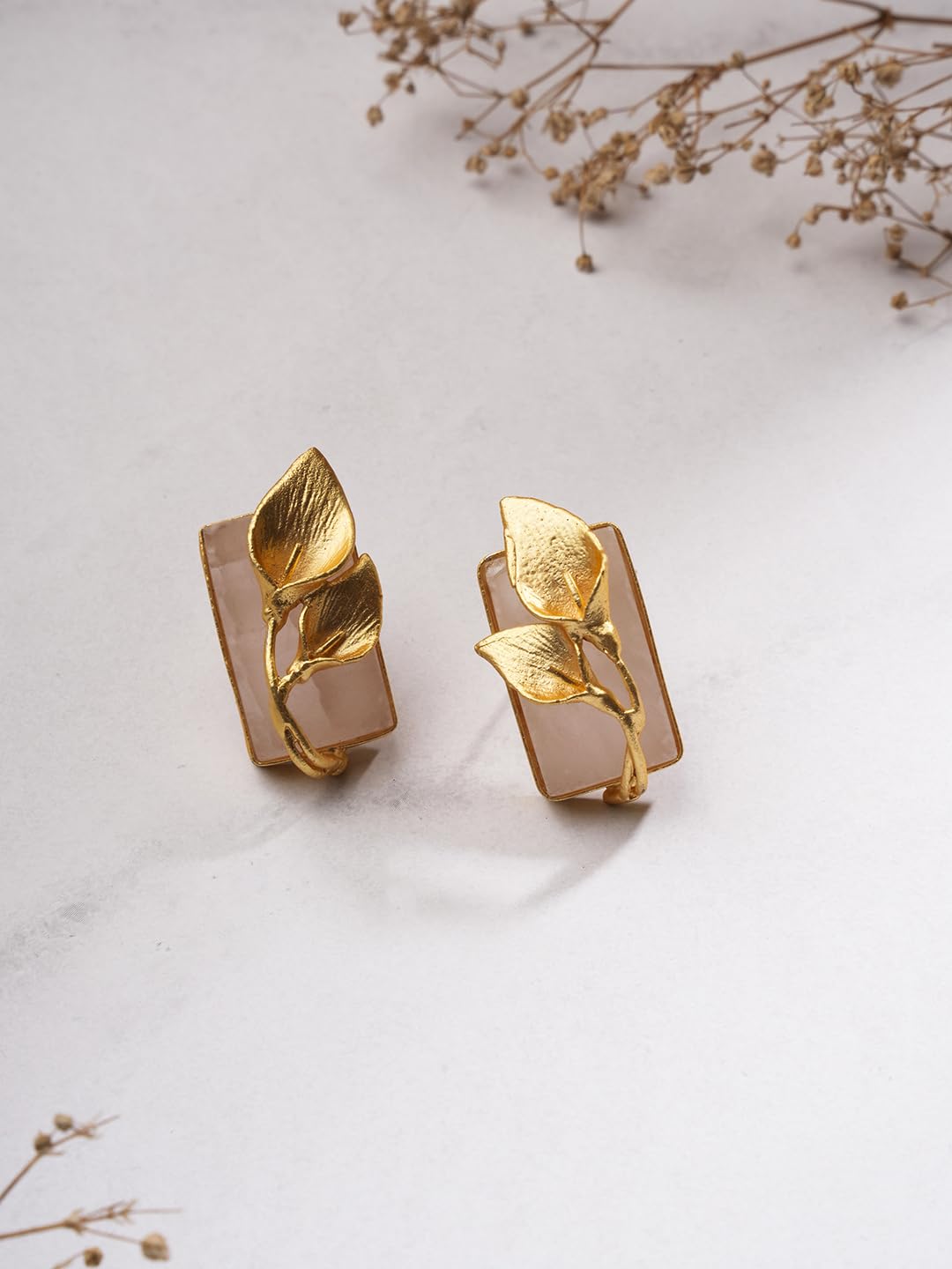 El Regalo Fancy Leaf Raw Stones Stud Brass Contemporary Earrings - Gold Plated Matte Finish Stone Studs for Girls and Women (Pale Pink)