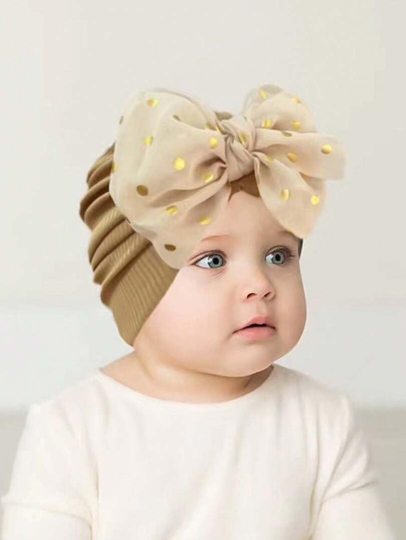 El Regalo 1PC Baby Turban Headband - Soft Nylon Bow with Golden Polka Dots - Newborn to Toddler Headwrap for Baby Girls - Stretchy & Comfortable Fit for 6 Months to 5 Years (Golden, One Size)