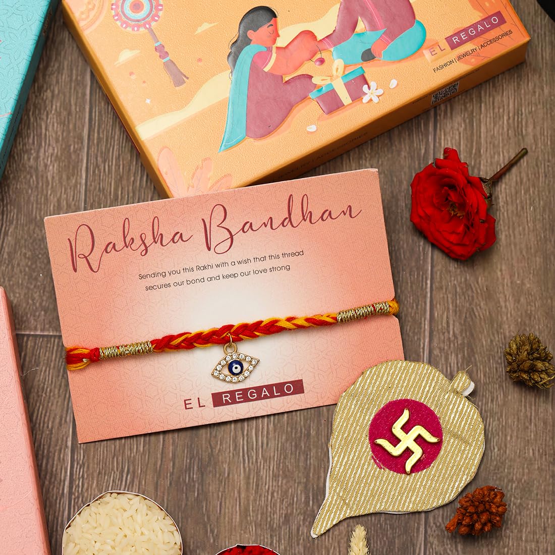 El Regalo 1 PC Moli Rakhi for Bhaiya - Rakshabandhan Moli Charms Rakhi with Message Card & Roli Chawal Shagun in Rakhi Box (Evil Eye Moli Rakhi-3)
