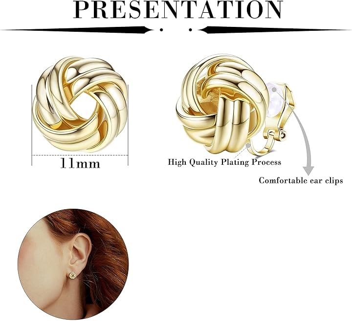El Regalo 1 Pair Non Piercing Clip On Earrings- Knot Twist Clip On Non Pierced Earrings for Girls/Women- Fake Clip Earrings (Gold)