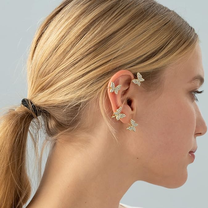 El Regalo 1 Pair CZ Butterfly Cuff Earrings for Non Pierced Ears- No Piercing Zircon Butterfly Wrap Crawler Ear Cuff Earrings For Women & Girls (Gold)