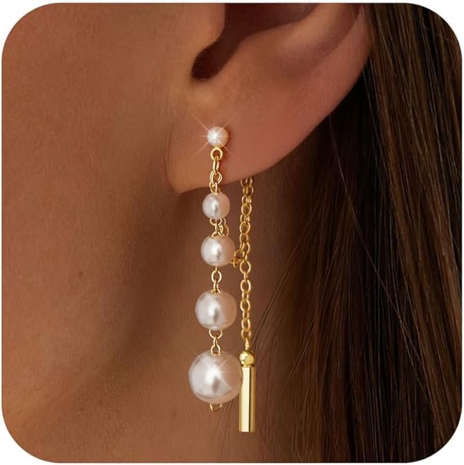 El Regalo 14K Gold Plated Pearl Front Back Earrings for Women/Girls - Graduated Pearl Drop Tassel Chain Jacket Earrings - Hypoallergenic Western Jewelry for Weddings, Parties & Gifting