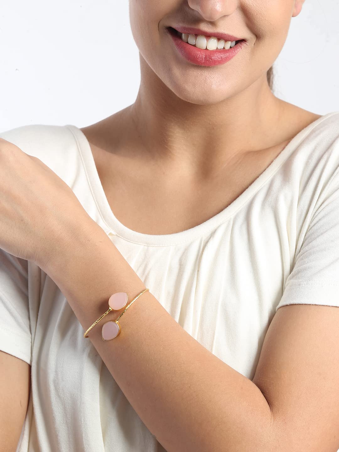El Regalo Gold Plated Gemstone Cuff Bracelets for Women Natural Raw Rough Quartz Healing Crystal Cuff Bracelet Bangle (Rose Quartz)