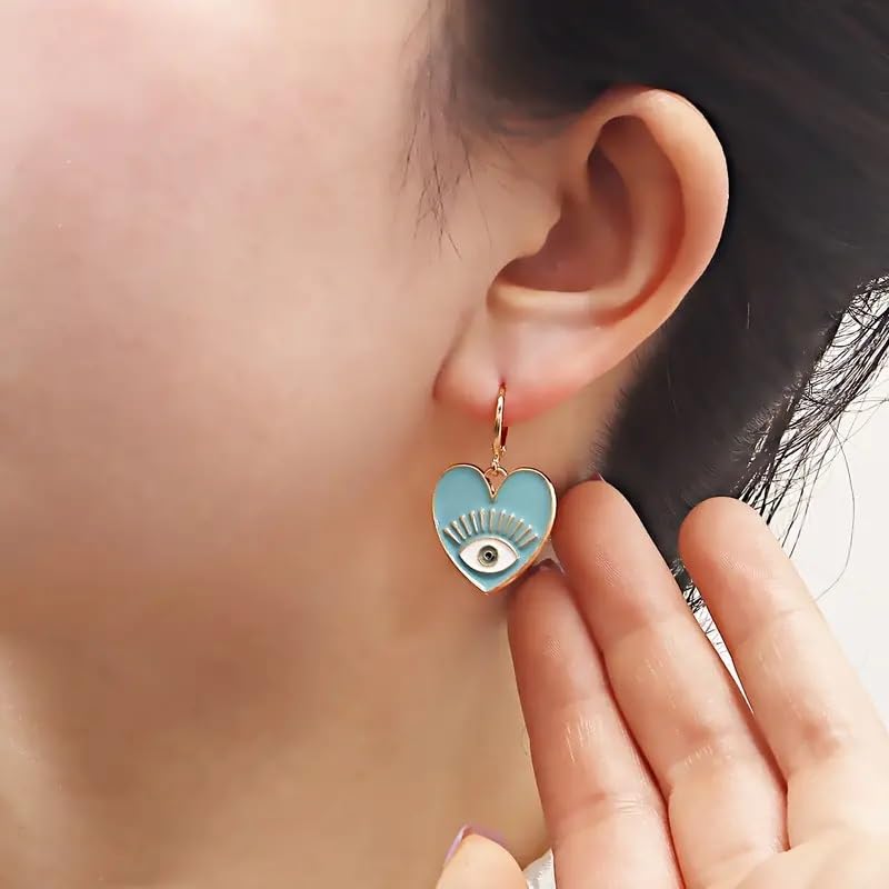 El Regalo 1 Pair Heart Evil Eye Enameled Hook Earrings - Dainty Evil Eye Hypoallergenic Heart Earrings for Girls & Women (Blue Hoop Evil Eye)