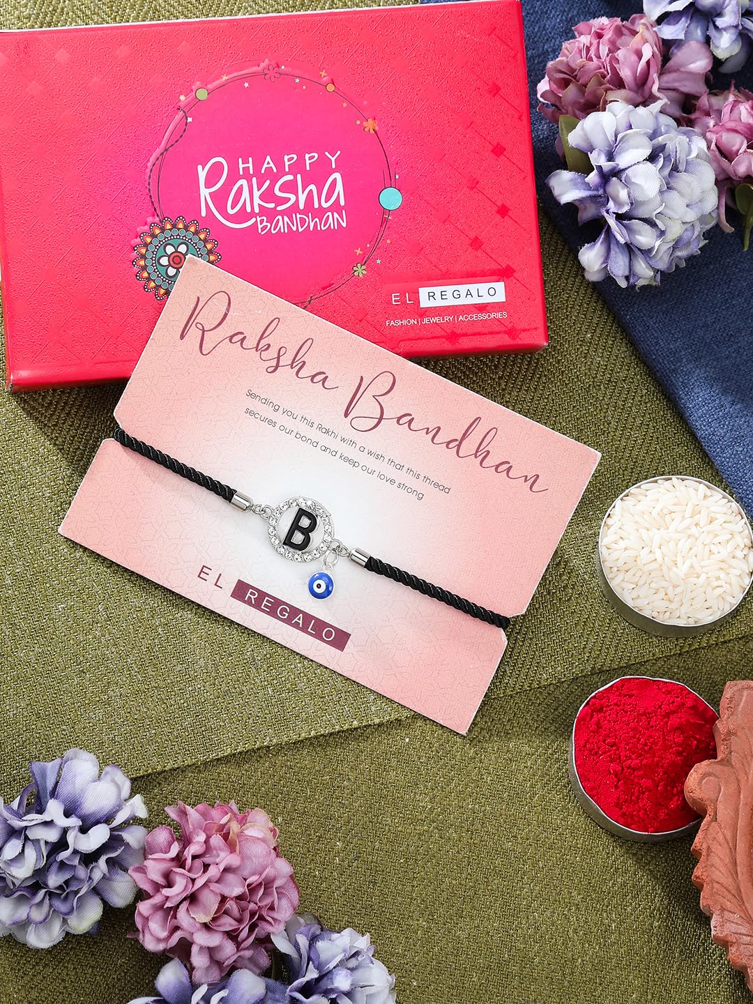El Regalo Name Initials Evil Eye Bracelet Rakhi for Brother- Name Letter CZ Rakhi with Roli Chawal, Message Card in Rakshabandhan Box for Bhai (Black- B)