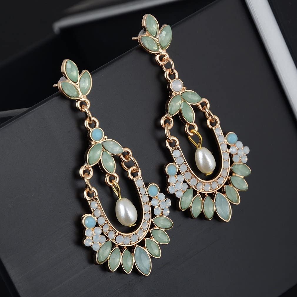El Regalo Elegant Retro Indian Style Pista Green Stone Drops Pearl Wedding Earrings for Girls & Women