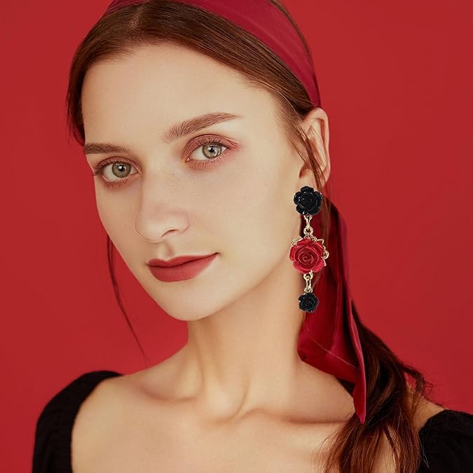 El Regalo Vintage Resin Rose Flower Stud Earrings for Girls & Women - Pretty Blooming Carved Rose Dangle Drop Earrings Statement Jewelry (Black & Red)