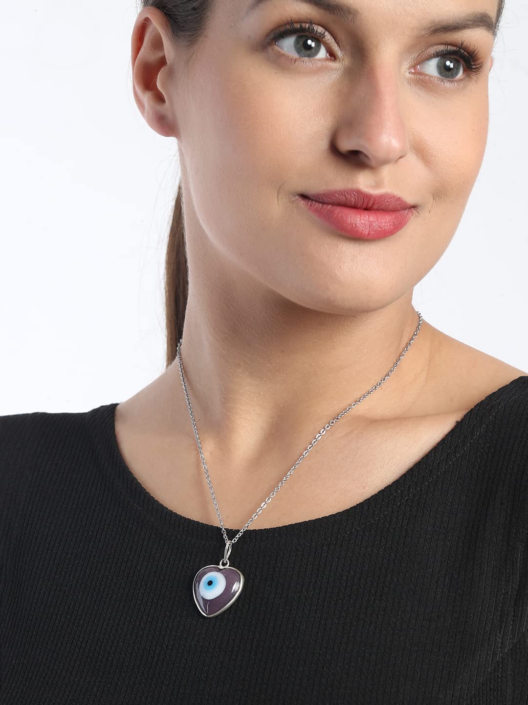 El Regalo Unisex Heart Evil Eye Pendant Necklace for Girls/Boys/Men & Women- Handmade Glass Lamp work Nazar Evil Eye Pendant Necklaces- Valentines Day Gift (Silver Tone Lavender Heart with Chain)