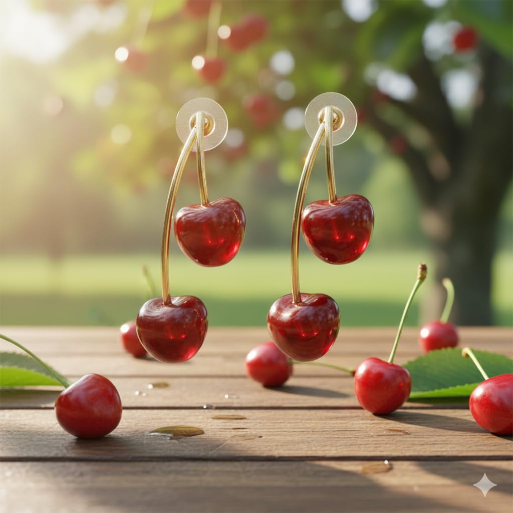 El Regalo Cute Red Double Cherry Front Back Jacket Earrings for Girls & Women | Glossy Fruit Design Gold-Tone Earrings | Fashion Statement Dangle Earrings for Party & Casual Wear