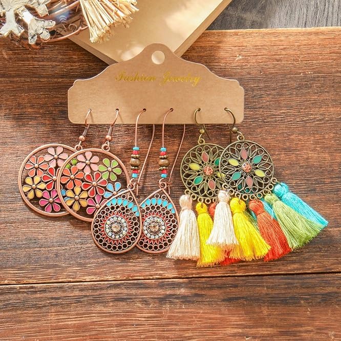 El Regalo 3 Pairs Earrings Combo of Vintage Bohemian Dangle Earrings for Women, 3-Pair Multi-Pack, Handmade Retro Tribal Drop Jewelry, Ethnic Bronze & Silver Tone Statement Earrings (Style-7)