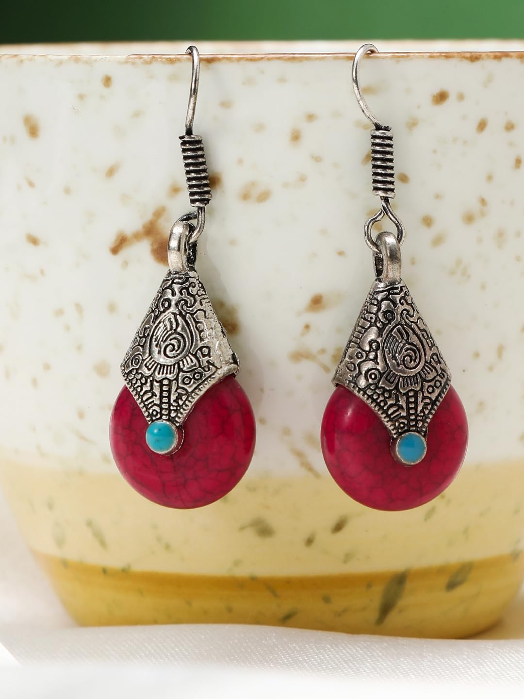 El Regalo Oxidized German Silver Bohemian Tibetan Stones Hook Earrings for Girls & women | Earrings for Women (Magenta)