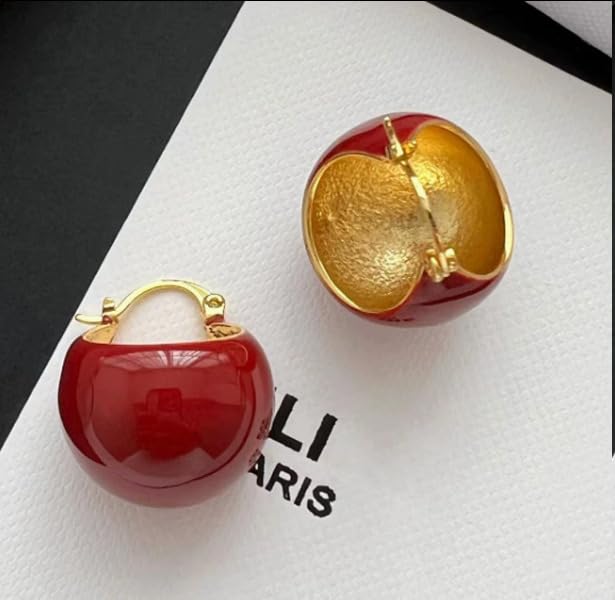 El Regalo Chunky 18K Gold Plated Enamel Hoop Earrings for Women & Girls | Elegant Bold Teardrop Huggie Hoops | Fancy Western Statement Jewellery | Glossy Curved Design for Casual Wear, Office & Party (Deep Crimson Red)
