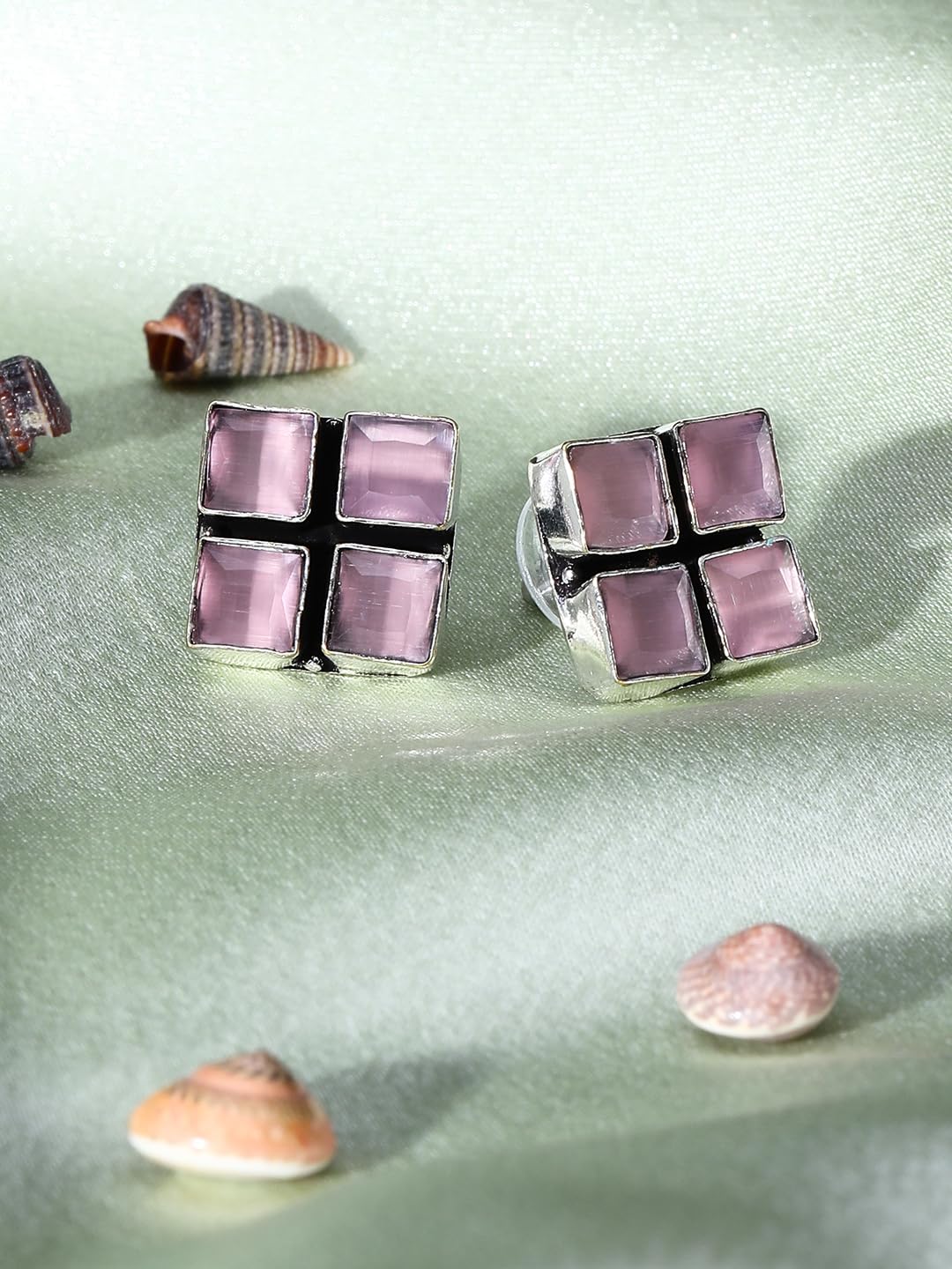 El Regalo 925 Silver Plated Oxidized Stud Earrings with Monalisha Stones - Square Bohemian Stud Earrings for Women - Tribal Antique Replica Earrings (Pastel Pink)