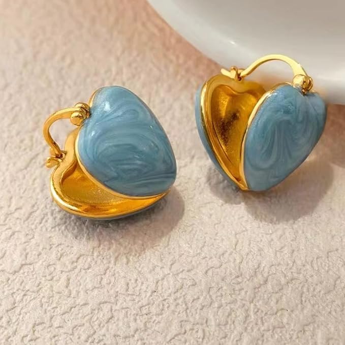 El Regalo Heart Hoops Earrings- Vintage Fashionable Bliss Heart Clip Double-sided Enamel Glaze Eternal Elegance Love Earrings for Women & Girls (Glazed Blue)