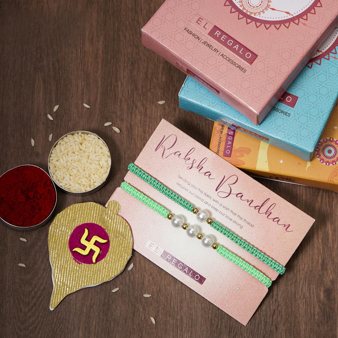El Regalo 2PCs Pearls Rakhi Combo Set for Bhaiya-Bhabhi/Bhai- Bhatija/Bhatiji- Rakhi Gift Combo with 2 Pearls Rakhi, Roli-Chawal Shagun Pack, Message Card in Gift Box (Neon Green)