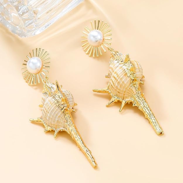 El Regalo Big & Bold Bohemian Pearl Shell Statement Earrings- Pearl Conch Shaped Beach Earrings, Lightweight & Exquisite (Off-White)