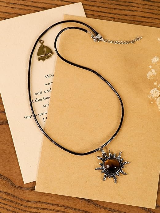 El Regalo Vintage Style Natural Stones Gothic Sun Pendant Unisex Necklace (Tiger Eye- Brown)