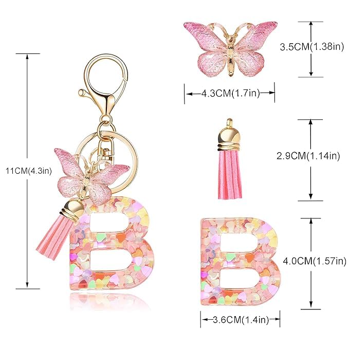 El Regalo Personalized Name Initials Butterfly Charm Keychain - Custom Letter Keyring with Pink Tassel & Butterfly Pendant, Purse, Bag, Backpack Accessory (B Letter)