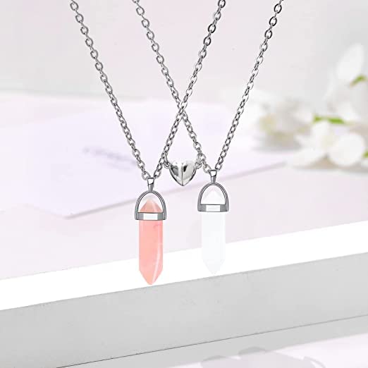El Regalo Unisex 2Pcs/Set Crystal BFF Best Friend Magnetic Couple Matching Split Heart Pendant Necklaces for Besties/Couples - Valentines Day Gift (Peach & Off White)