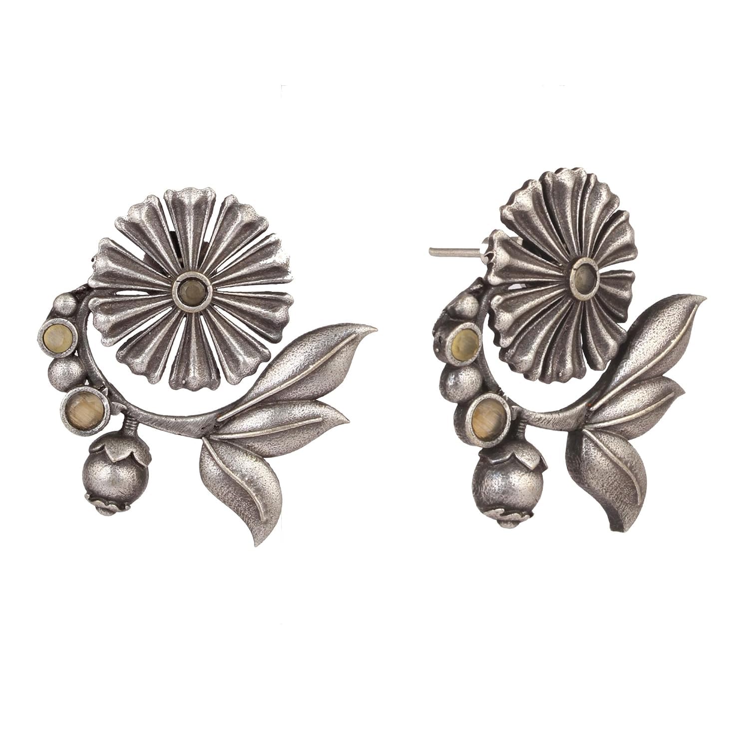 El Regalo Oxidized Brass Earrings for Women - Silver Lookalike/Silver Replica Floral Leaves Stones Statement earrings for Girls & Women- Handmade Earrings (Yellow)