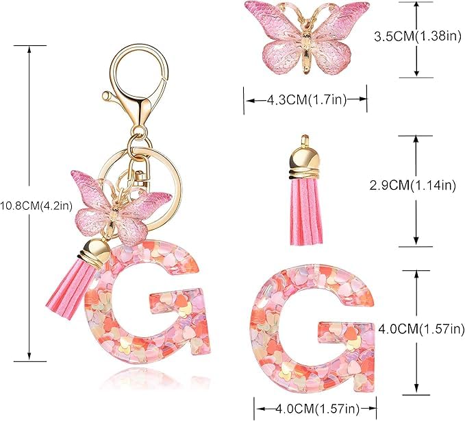 El Regalo Personalized Name Initials Butterfly Charm Keychain - Custom Letter Keyring with Pink Tassel & Butterfly Pendant, Purse, Bag, Backpack Accessory (G Letter)