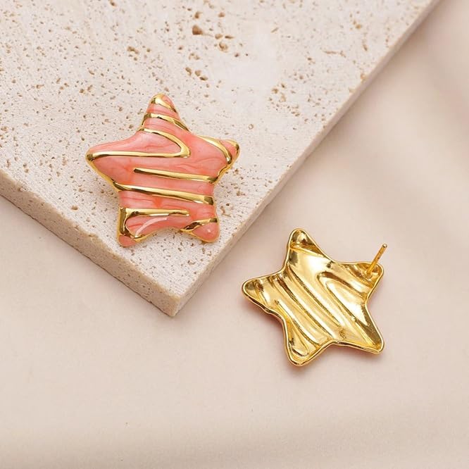 El Regalo Stainless Steel Star Stud Earrings for Girls & Women | Anti-Tarnish Gold Plated Cute Star Shape Enamel Contenporary Fashion Studs Earrings (Peachy Pink)