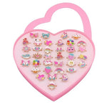 El Regalo 36 Pcs Adjustable Enamel Kids Rings - Unicorn, Rainbow, Strawberry, Flowers & More | No-Duplicate Dress-Up Jewelry Box for 4-12 Year Old Girls - Birthday, Christmas, Valentines (Style-2)
