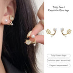 El Regalo Tulip Flower Pearl Cuff Jacket Earrings For Girls Women- Unique French Style Flower Cat's Eye Stone Front Back Climbers Crawler Earrings