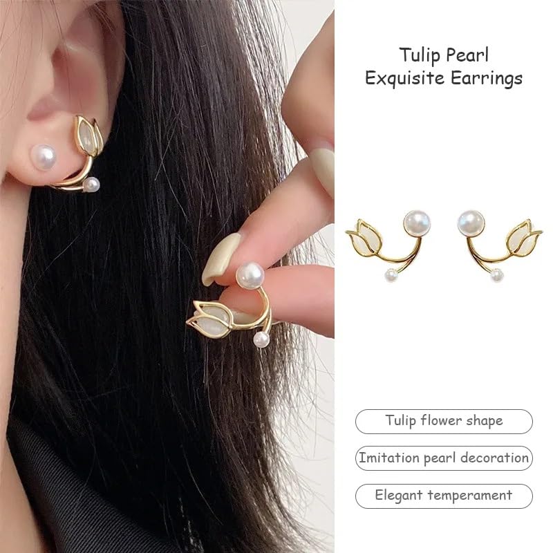 El Regalo Tulip Flower Pearl Cuff Jacket Earrings For Girls Women- Unique French Style Flower Cat's Eye Stone Front Back Climbers Crawler Earrings