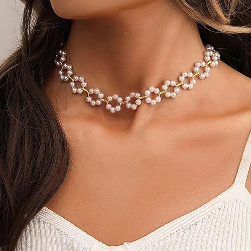 El Regalo Pearls Flowers Choker Necklace- Elegant Faux Pearls, Round Hollow Design Temperament Flower Choker Necklace for Girls & Women