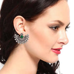El Regalo Oxidized Earrings for Women- Moon Inspired Silver Lookalike Statement Brass Earrings in Antique Silver Finish (Green)
