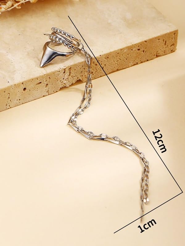 El Regalo Elegant Palace Style Elf Ear Cuff Clip-On Earrings - Non-Piercing Long Tile Tassel Chain Ear Cuff, Western Statement Ear Clips for Women & Teens (Silver)