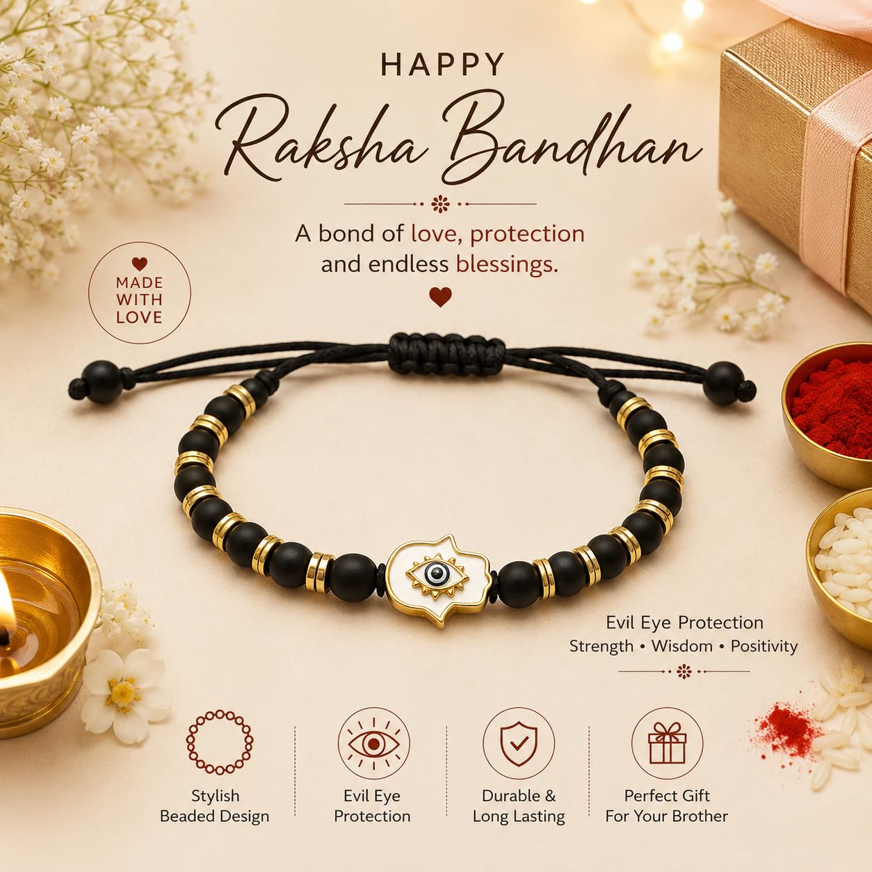 El Regalo Elegant Evil Eye/Hamsa Hand Rakhi for Brother- Beautiful Bracelet Rakhi for Bhai with Roli Chanwal, Message Card in Rakshabandhan Box (Hamsa Hand)