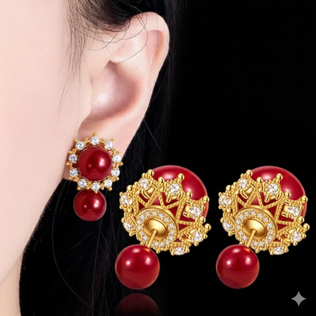 El Regalo Beautiful Double Sided Pearl Earrings for Women - Elegant Crown Rhinestone Front Back Studs | Korean Style Moti Earrings (Gold Red)