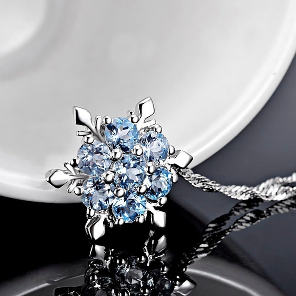 El Regalo Small Snowflakes Inlaid Rhinestones Crystal Pendant Necklace for Girls & Women (Light Blue)