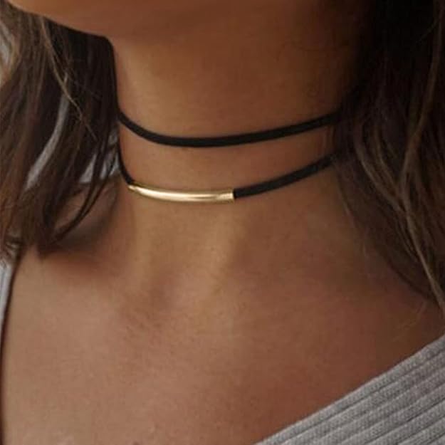 El Regalo Minimalist Western Black Double Layer Bar Accent Choker Necklace for Girls & Women- Vintage, Gothic Collar Choker Necklace (Style-4)