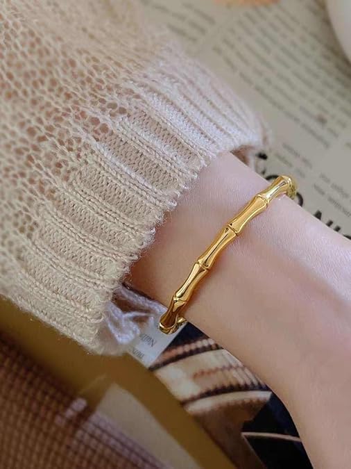 El Regalo Waterproof Stainless Steel Bamboo Style Open Cuff Bracelet for Girls/Women (For Small Wrists)- Valentines Day Gift for Her (Gold)