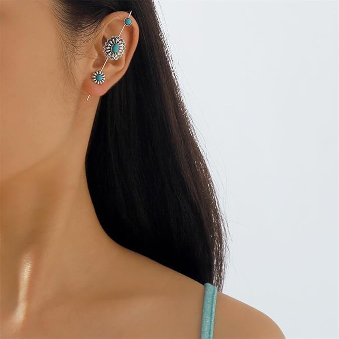 El Regalo 2PCs Turquoise Ear Wrap Crawler Hook Stud Earrings for Women Girls- Long Bar Piercing Ear Cuffs Boho/Bohemian Statement Earrings (Style-2)