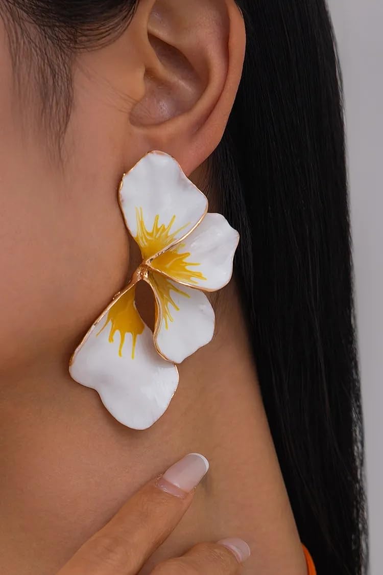 El Regalo Big Floral Statement Earrings for Women | White Yellow Oil Drip Enamel Flower Earrings | Irregular Petal Leaf Design | Bold Fashion Earrings for Party, Vacation & Western look
