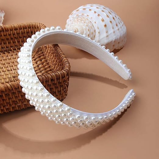 El Regalo Elegant White Pearl Wide Headband - Handmade Bridal Hairband, Fancy Wedding & Party Headwear for Women & Girls