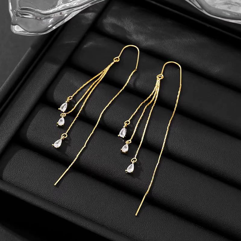 El Regalo Modern Threader Earrings for Women | Long Chain Dangler Earrings with Crystal & Stone Drops | Western Tassel Earrings for Girls | Party Sui Dhaga Thread Earrings (White Threader)