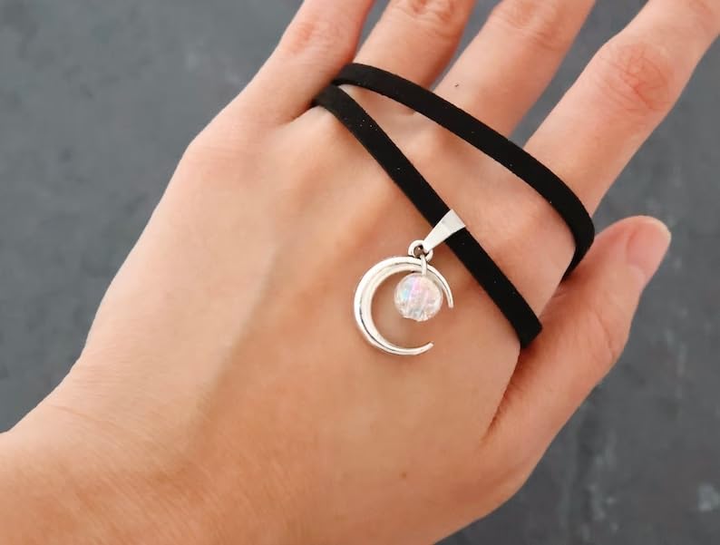 El Regalo Gothic Punk Crescent Moon with Bead Choker Necklace for Girls & Women- Hippie Double Layers Suede Crescent Moon Choker