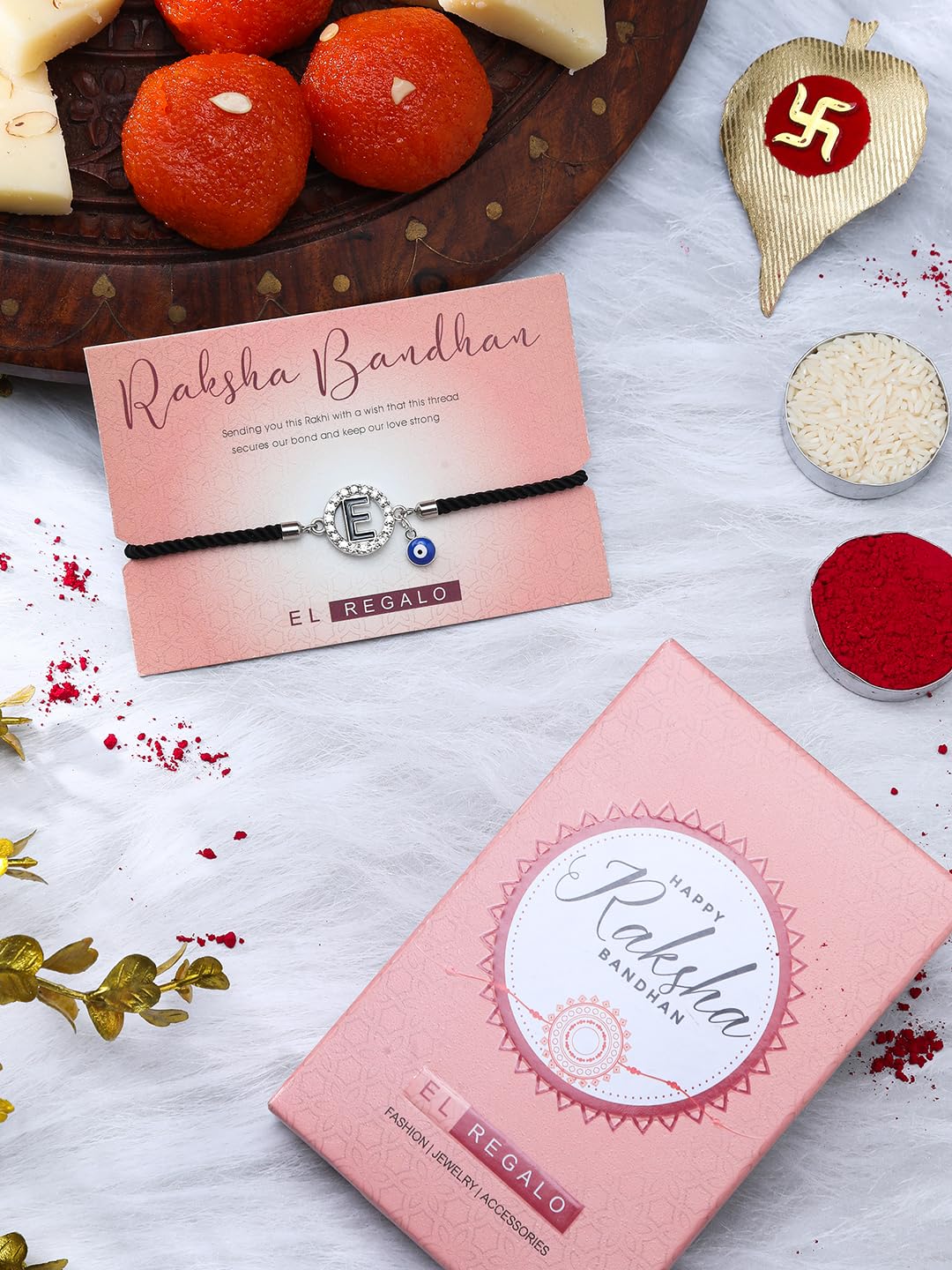 El Regalo Name Initials Evil Eye Bracelet Rakhi for Brother- Name Letter CZ Rakhi with Roli Chawal, Message Card in Rakshabandhan Box for Bhai (Black-E)