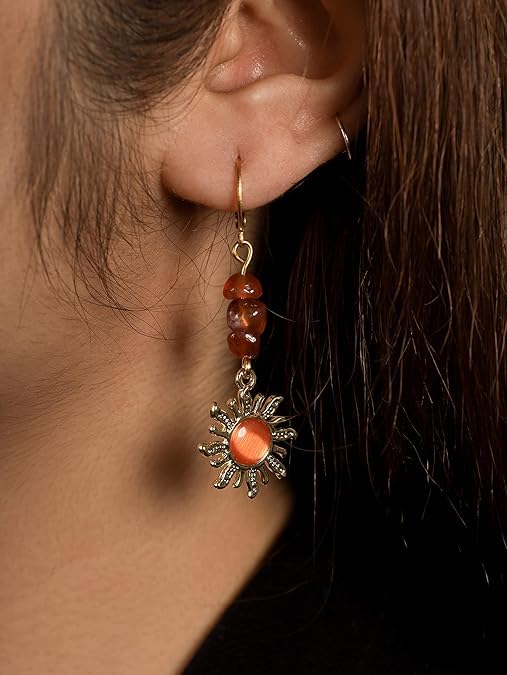 El Regalo Bohemian Style Carnelian Sunburst Earrings- Boho Hippie Gothic Sun Earrings for Girls & Women (Rusty Red)