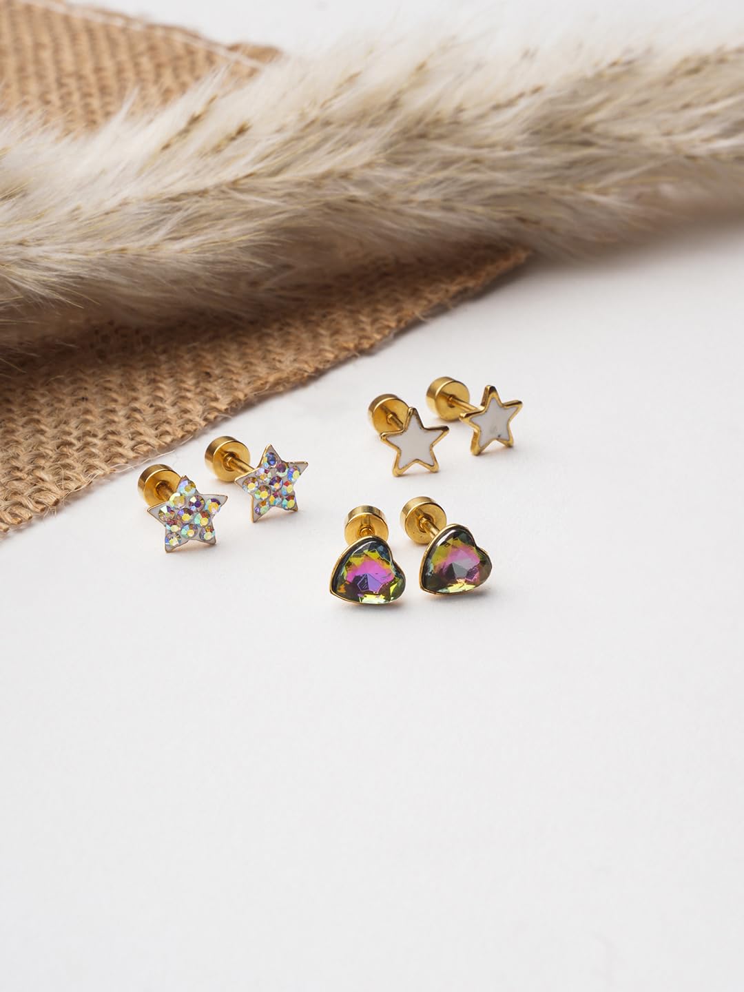El Regalo 3 Pairs Cute Stainless Steel CZ Stud Earrings Combo for Kids/Girls/Teens/Women - Stars, Heart, Flower, Butterfly, Disco Ball, Stones - Hypoallergenic Flatback Earrings (Style-13)