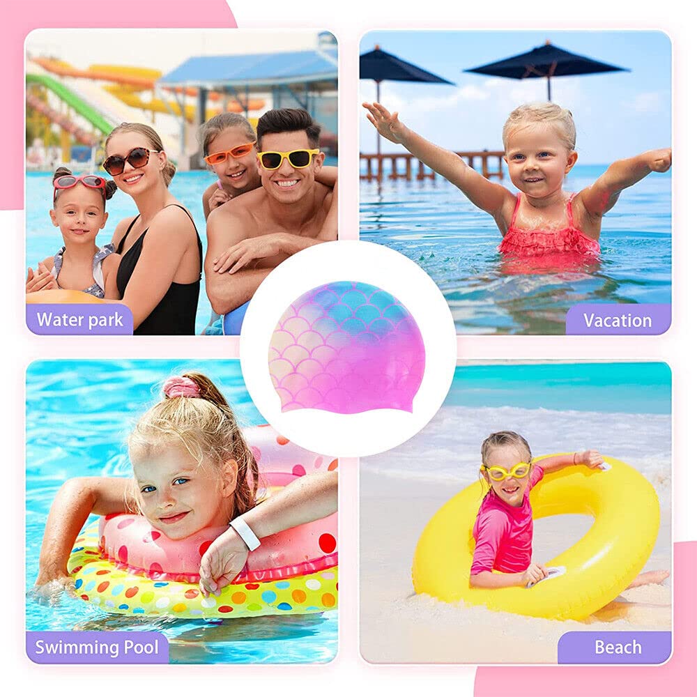 El Regalo 2 PCs Kids Swimming Caps Set- Silicone Swimming Hat for Girls Boys Waterproof Bathing Caps for Long & Short Hair with Unicorn, Astronaut, Heart, Fairy Mermaid (Unicorn & Mermaid)