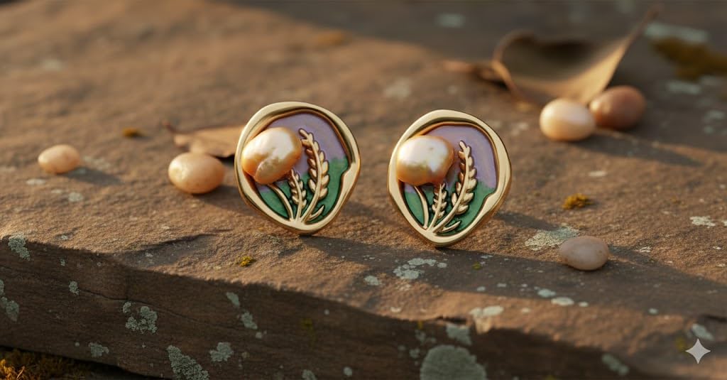 El Regalo 3D Enameled Irregular Pearl Stud Earrings for Women & Girls - Vintage Boho Artistic Gold Plated Floral Earrings, Unique Handmade Baroque Pearl Ear Studs