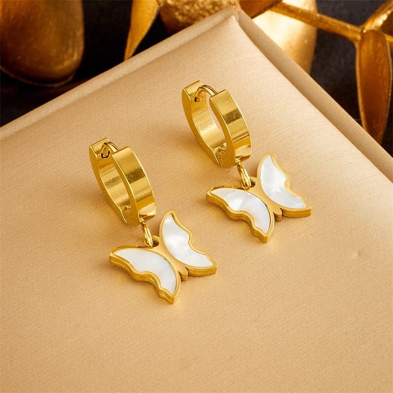 El Regalo Stainless Steel Dangle Butterfly Earrings for Women/Girls- Ati Tarnish- NO RUST Butterfly Drop Hoop Earrings (White)
