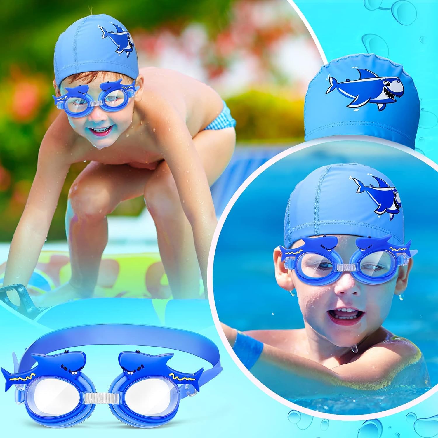 El Regalo Kids Cute Cartoon Swimming Cap & Goggle Set for Girls & Boys (for Kids Upto 10 Years Old) (Shark Swim Cap & Goggle)